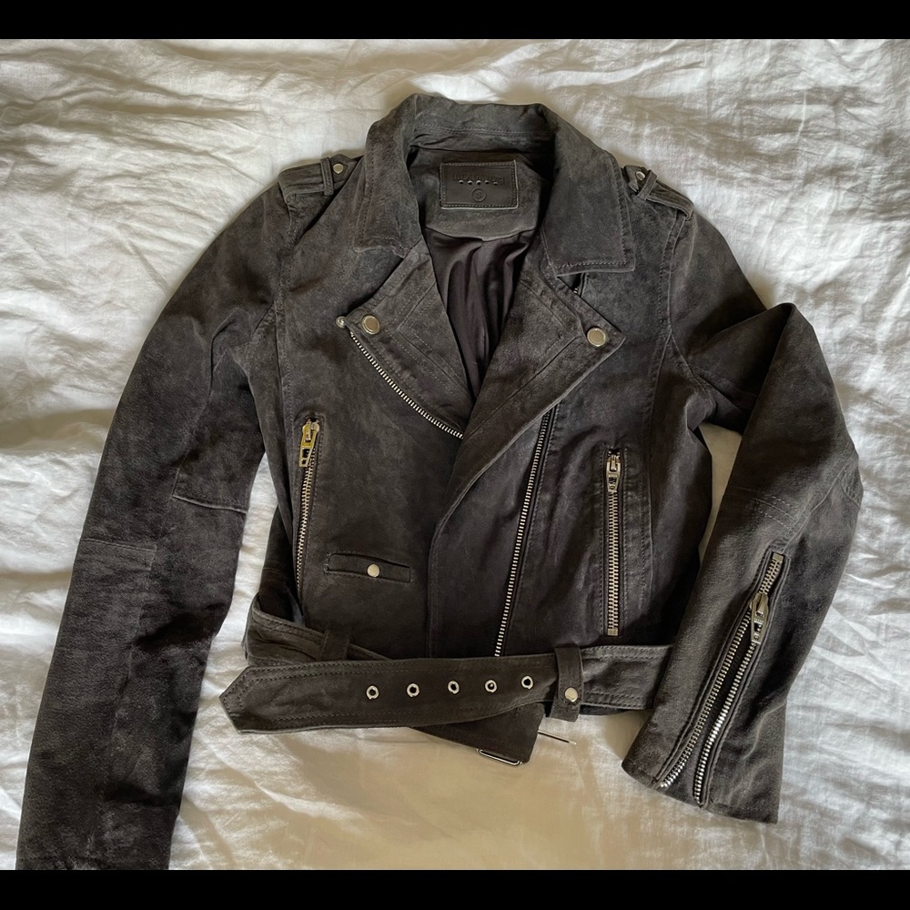 Dark gray suede motorcycle jacket.